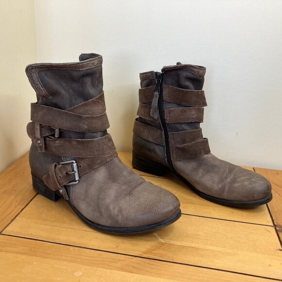Miz Mooz Savvy Leather Ankle Boots Moto Harness Buckle Strap Brown/Grey - Picture 1 of 7